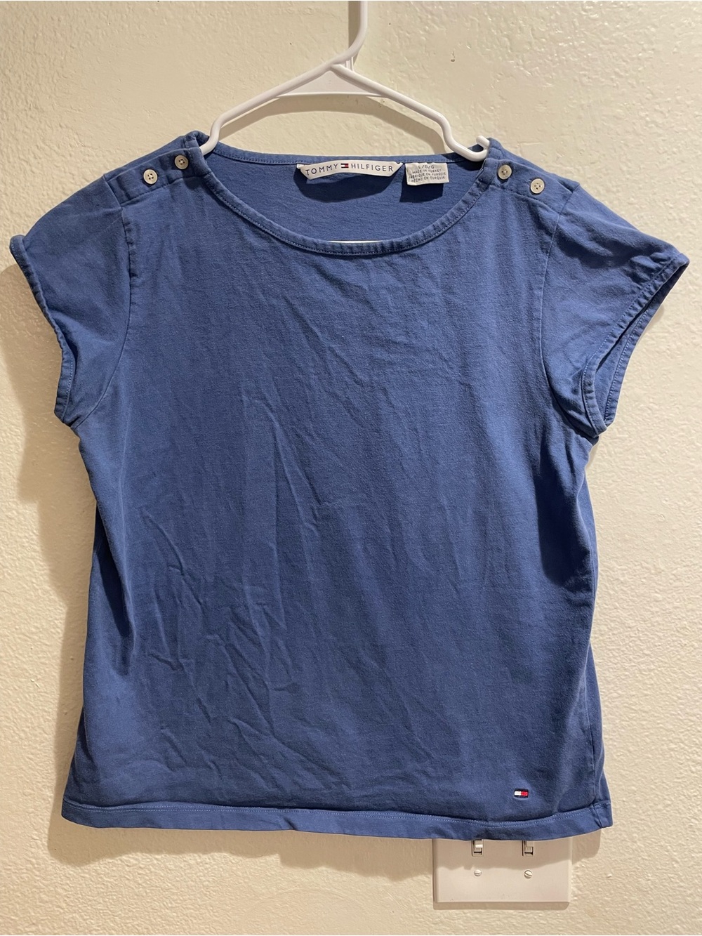 Tommy Hilfiger Top Womens Large L Blue Button Shoulder Boatneck Cap Sleeve Tee